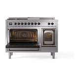 ILVE UN48FSNMPSSBLP Nostalgie II Noblesse 48 inch Dual Fuel Range (5 Sealed Burners + Griddle + French Top, Liquid Propane, Triple Glass Door, Stainless Steel, Burnished)