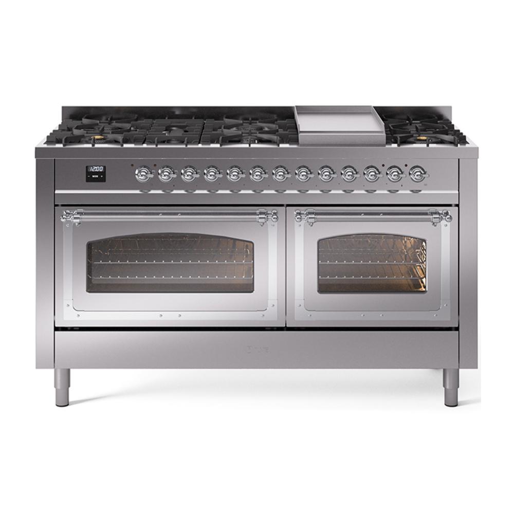 ILVE UN60FNMPSSC Nostalgie II Noblesse 60 inch Dual Fuel Range (9 Sealed Burners + Griddle, Natural Gas, Triple Glass Door, Stainless Steel, Chrome)