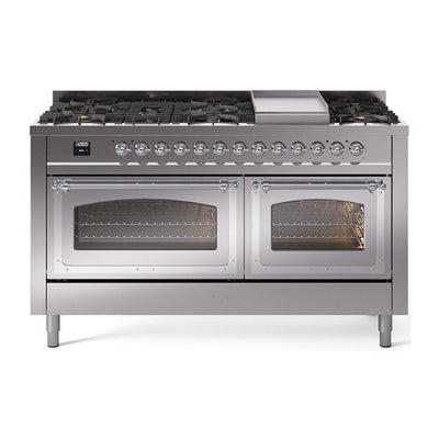 ILVE UN60FNMPSSC Nostalgie II Noblesse 60 inch Dual Fuel Range (9 Sealed Burners + Griddle, Natural Gas, Triple Glass Door, Stainless Steel, Chrome)