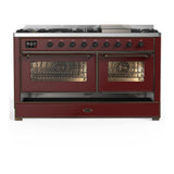 ILVE UM60FNR3BUBLP Majestic III 60 inch Dual Fuel Range with 9 Burners and Griddle, Dual Function Burner up to 25,000 BTU (Liquid Propane, Triple Glass Door, Burgundy, Burnished)
