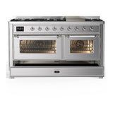 ILVE UM60FNR3SSC Majestic III 60 inch Dual Fuel Range with 9 Burners and Griddle, Dual Function Burner up to 25,000 BTU (Natural Gas, Triple Glass Door, Stainless Steel, Chrome)