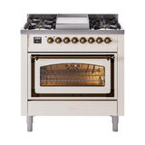 ILVE UN36FNMPAWBLP Nostalgie II Noblesse 36 inch Dual Fuel Range (Liquid Propane, Triple Glass Door, Antique White, Burnished)