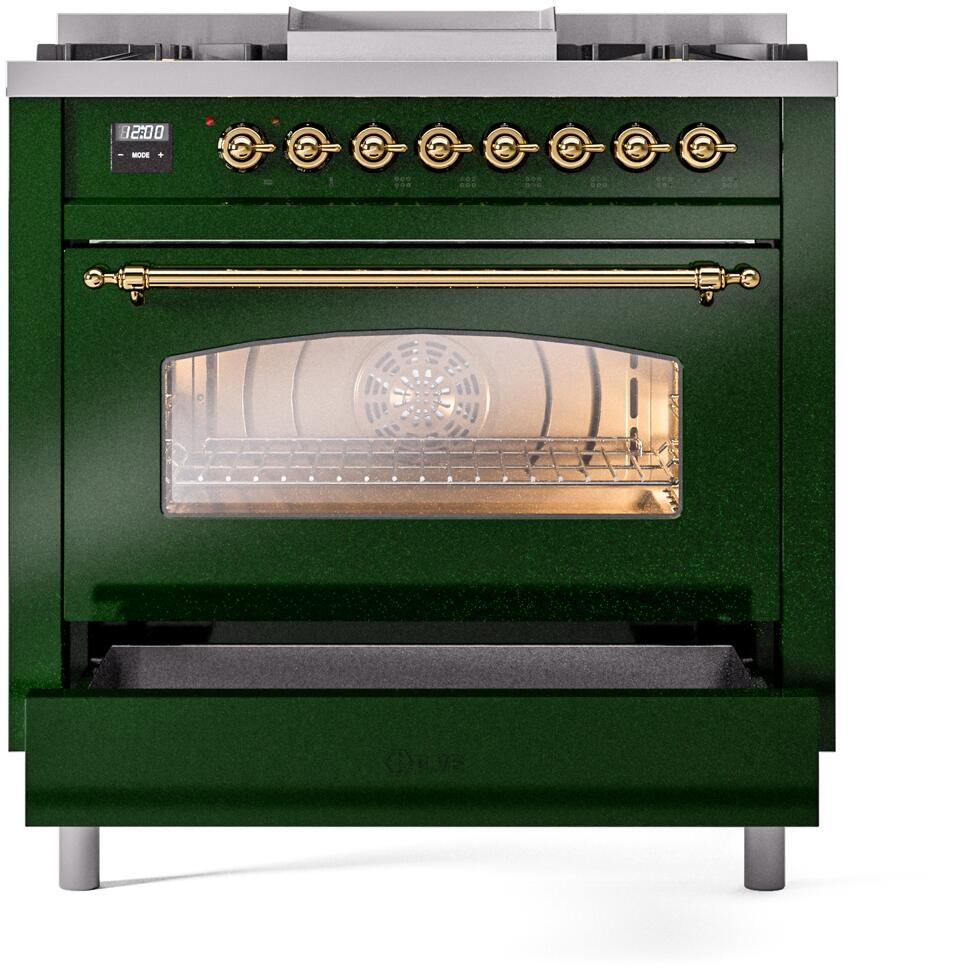 Nostalgie II 36 Inch Dual Fuel Liquid Propane Freestanding Range in Emerald Green with Brass Trim