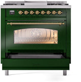 Nostalgie II 36 Inch Dual Fuel Liquid Propane Freestanding Range in Emerald Green with Brass Trim