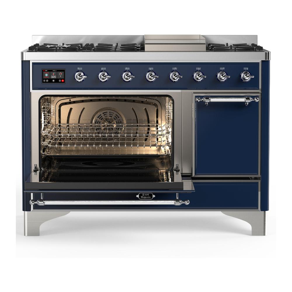 ILVE UM48FQNR3MBC Majestic III 48 inch Dual Fuel Range with 8 Burners and Griddle, Dual Function Burner up to 25,000 BTU (Natural Gas, Solid Door, Midnight Blue, Chrome)