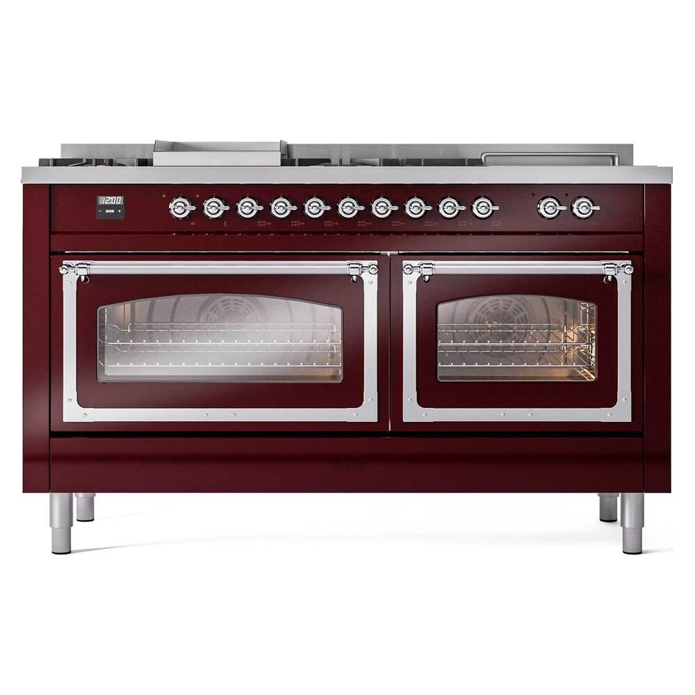 ILVE UN60FSNMPBUCLP Nostalgie II Noblesse 60 inch Dual Fuel Range (7 Sealed Burners + Griddle + French Top, Liquid Propane, Triple Glass Door, Burgundy, Chrome)