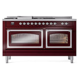 ILVE UN60FSNMPBUCLP Nostalgie II Noblesse 60 inch Dual Fuel Range (7 Sealed Burners + Griddle + French Top, Liquid Propane, Triple Glass Door, Burgundy, Chrome)