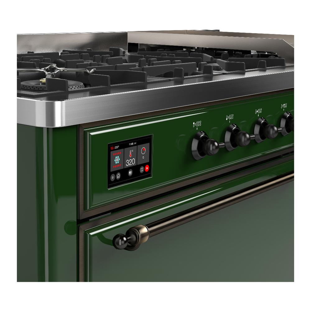 ILVE UM60FQNR3EGB Majestic III 60 inch Dual Fuel Range with 9 Burners and Griddle, Dual Function Burner up to 25,000 BTU (Natural Gas, Solid Door, Emerald Green, Burnished)