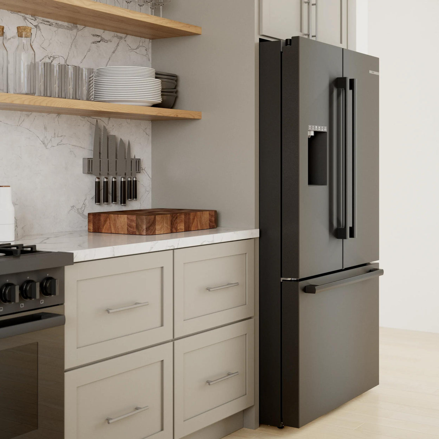 500 Series French Door Bottom Mount Refrigerator 36" Black Stainless Steel, Total No Frost