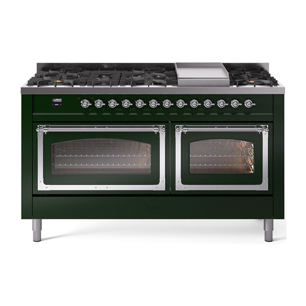 ILVE UN60FNMPEGC Nostalgie II Noblesse 60 inch Dual Fuel Range (9 Sealed Burners + Griddle, Natural Gas, Triple Glass Door, Emerald Green, Chrome)