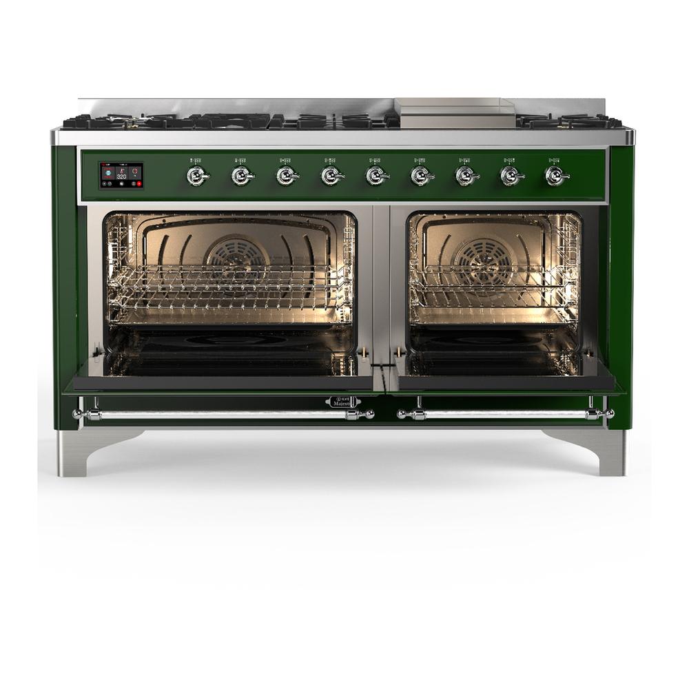 ILVE UM60FNR3EGCLP Majestic III 60 inch Dual Fuel Range with 9 Burners and Griddle, Dual Function Burner up to 25,000 BTU (Liquid Propane, Triple Glass Door, Emerald Green, Chrome)
