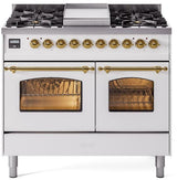 Nostalgie II 40 Inch Dual Fuel Natural Gas Freestanding Range in White with Brass Trim