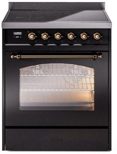 Nostalgie II 30 Inch Electric Freestanding Range in Glossy Black with Bronze Trim