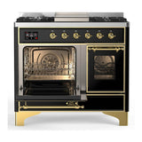 ILVE UMD40FNR3BKGLP Majestic III 40 inch Dual Fuel Range with 6 Burners and Griddle, Dual Function Burner up to 25,000 BTU (Liquid Propane, Triple Glass Door, Glossy Black, Brass)