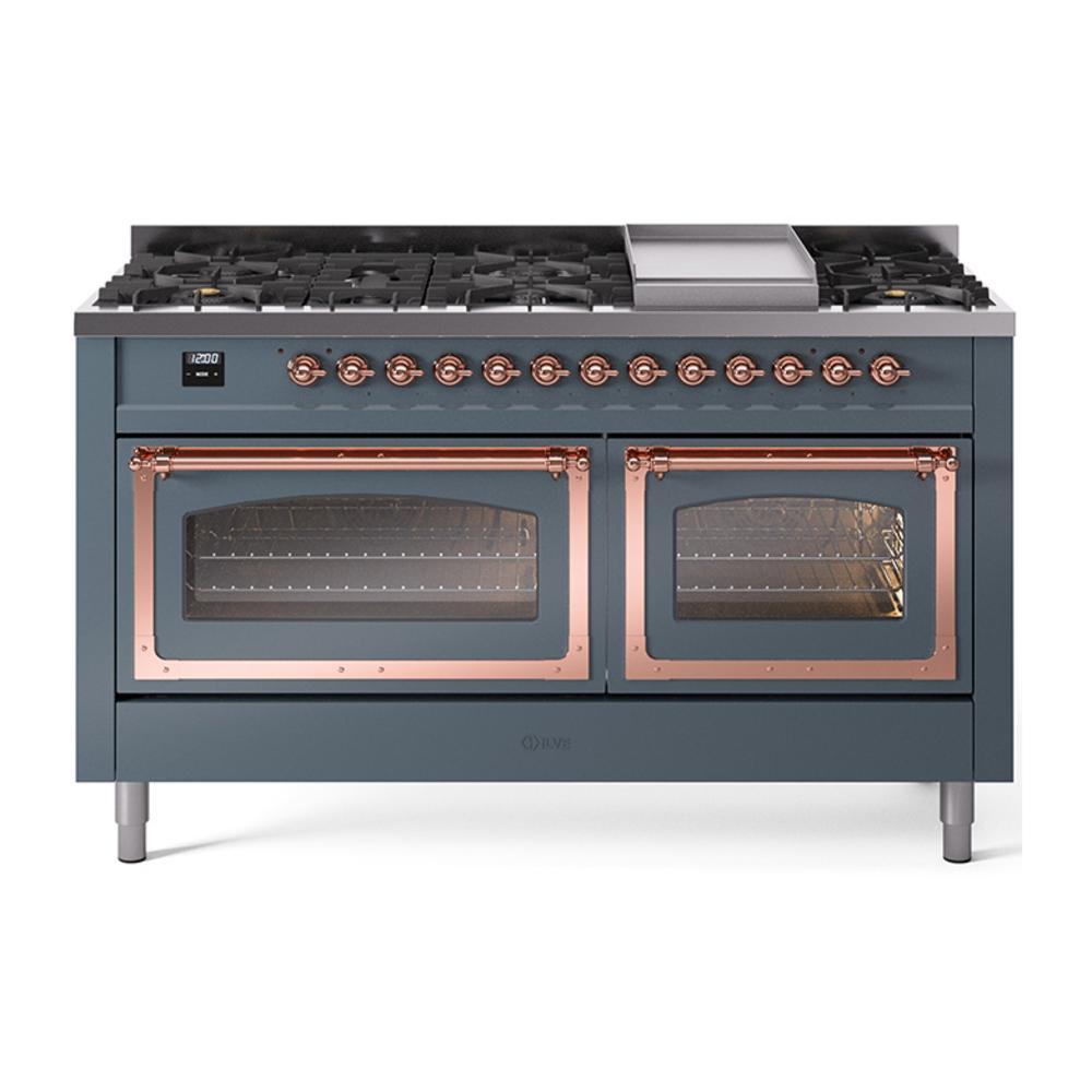 ILVE UN60FNMPBGP Nostalgie II Noblesse 60 inch Dual Fuel Range (9 Sealed Burners + Griddle, Natural Gas, Triple Glass Door, Blue Grey, Copper)