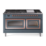 ILVE UN60FNMPBGP Nostalgie II Noblesse 60 inch Dual Fuel Range (9 Sealed Burners + Griddle, Natural Gas, Triple Glass Door, Blue Grey, Copper)