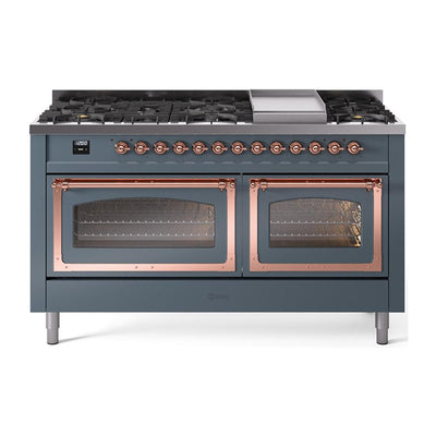 ILVE UN60FNMPBGP Nostalgie II Noblesse 60 inch Dual Fuel Range (9 Sealed Burners + Griddle, Natural Gas, Triple Glass Door, Blue Grey, Copper)