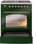 Nostalgie II 30 Inch Dual Fuel Natural Gas Freestanding Range in Emerald Green with Brass Trim