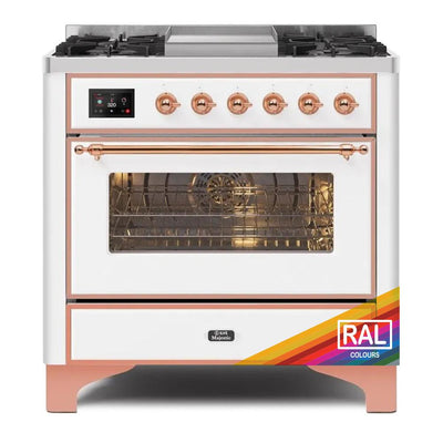 ILVE Majestic II 36 UM09FDNS3RAP Freestanding Dual Fuel Range with 6 Sealed Burners Yes Single Oven with Triple Glass Door in RAL Color with Copper knobs