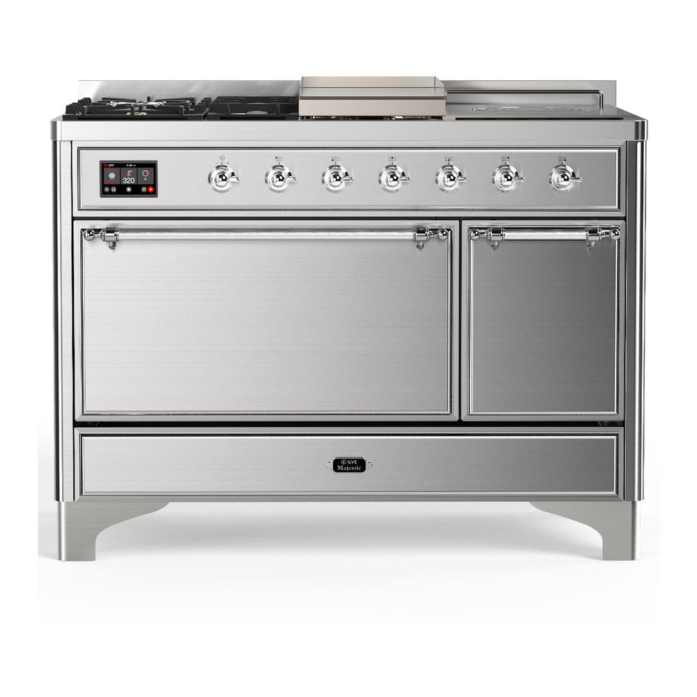 ILVE UM48FSQNR3SSC Majestic III 48 inch Dual Fuel Range with 5 Black Brass Burners, Griddle and French Top, Dual Function Burner up to 25,000 BTU (Natural Gas, Solid Door, Stainless Steel, Chrome)