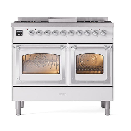 ILVE UND40FNMPWHCLP Nostalgie II Noblesse 40 inch Dual Fuel Range (Liquid Propane, Triple Glass Door, White, Chrome)