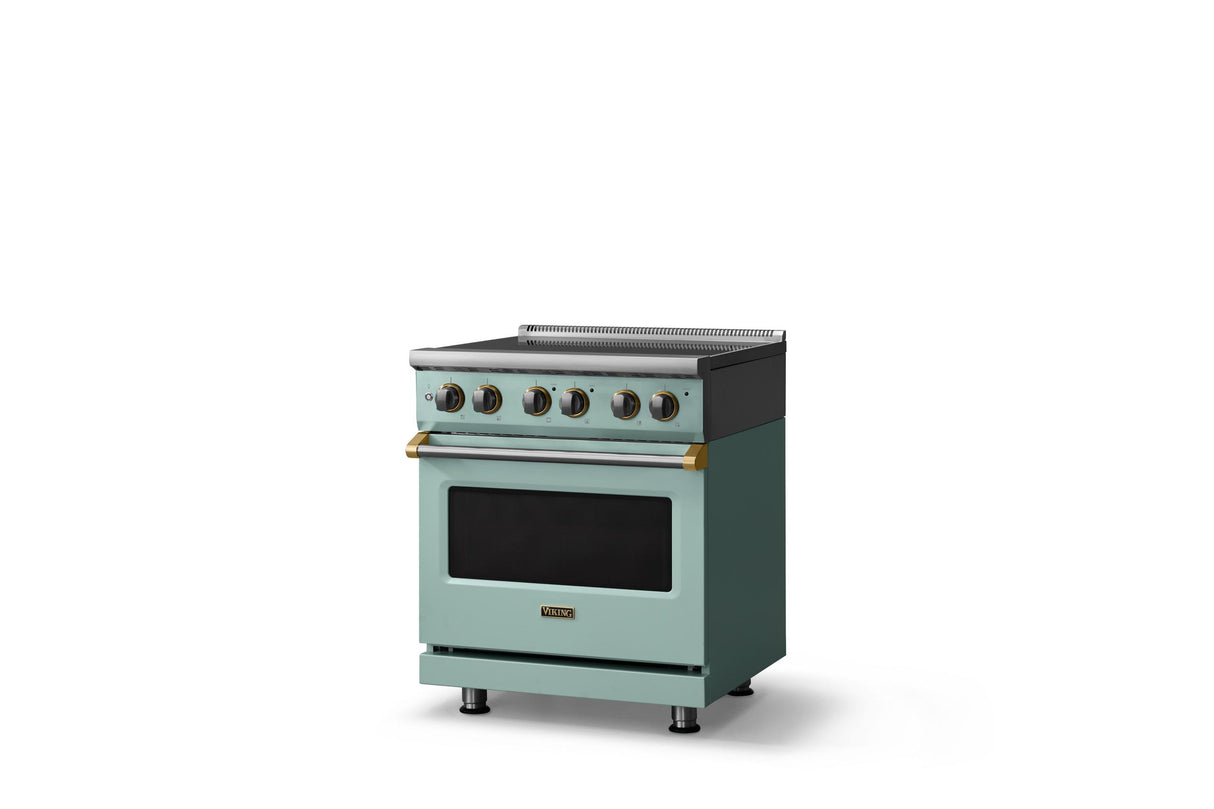 30"W. Electric Range (Finish: Splash, Trim: Brushed Brass)
