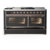 ILVE UM60FSNR3MGPLP Majestic III 60 inch Dual Fuel Range with 7 Burners, Griddle and French Top, Dual Function Burner with up to 25,000 BTU (Liquid Propane, Triple Glass Door, Graphite Matte, Copper)