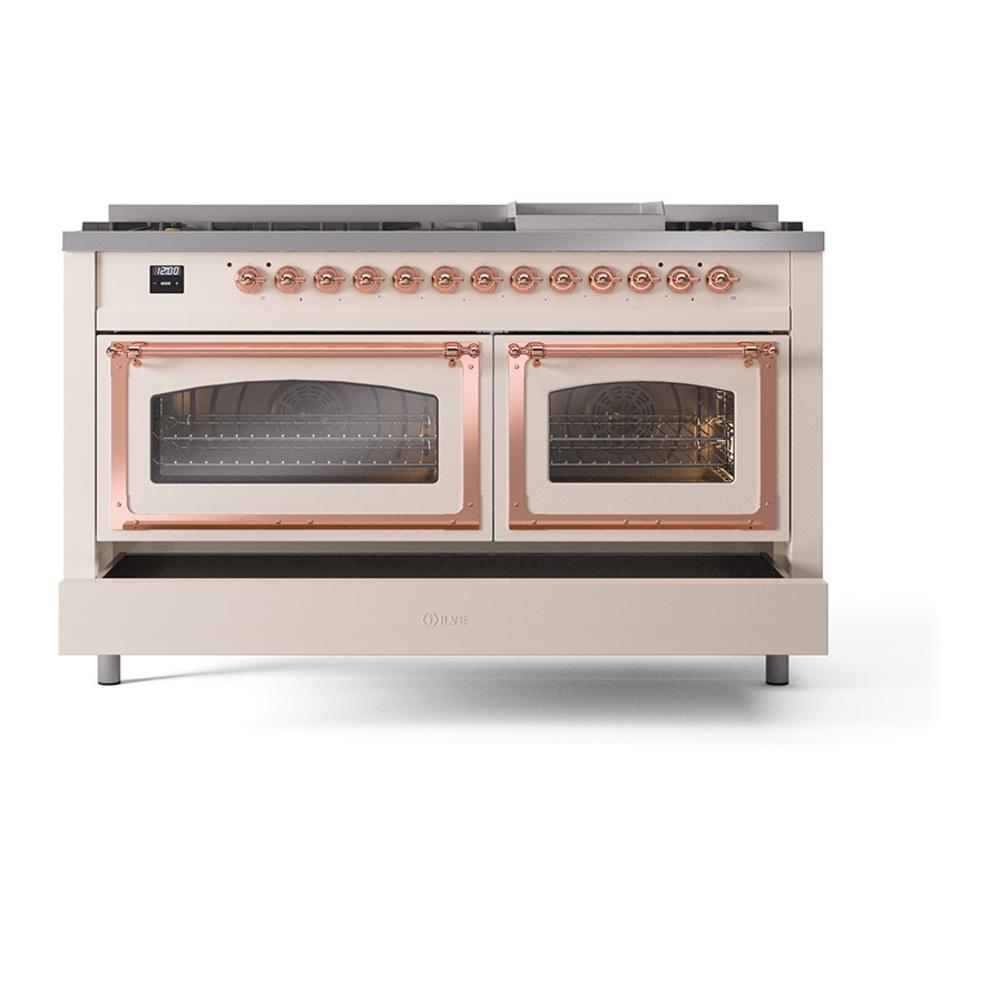 ILVE UN60FNMPAWPLP Nostalgie II Noblesse 60 inch Dual Fuel Range (9 Sealed Burners + Griddle, Liquid Propane, Triple Glass Door, Antique White, Copper)