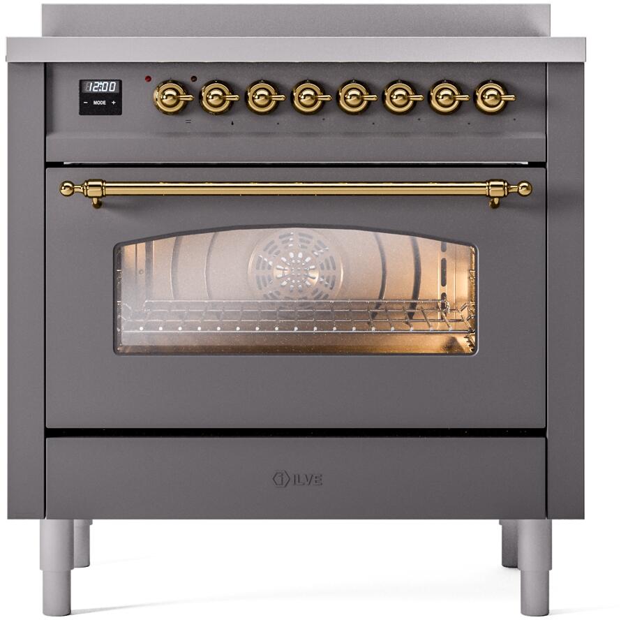 Nostalgie II 36 Inch Electric Freestanding Range in Matte Graphite with Brass Trim