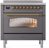 Nostalgie II 36 Inch Electric Freestanding Range in Matte Graphite with Brass Trim
