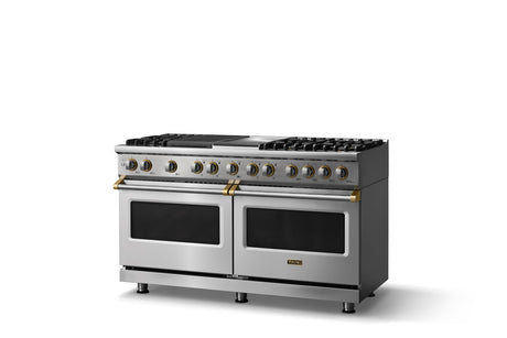 60"W.Dual Fuel Range (Finish: Stainless Steel, Trim: Brushed Brass, Fuel: Natural Gas)