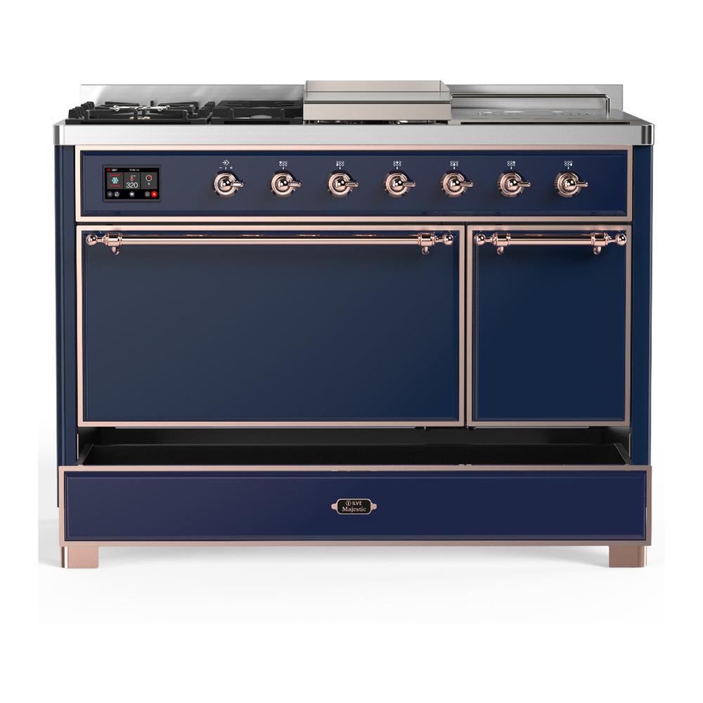 ILVE UM48FSQNR3MBP Majestic III 48 inch Dual Fuel Range with 5 Black Brass Burners, Griddle and French Top, Dual Function Burner up to 25,000 BTU (Natural Gas, Solid Door, Midnight Blue, Copper)
