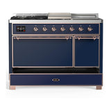 ILVE UM48FSQNR3MBP Majestic III 48 inch Dual Fuel Range with 5 Black Brass Burners, Griddle and French Top, Dual Function Burner up to 25,000 BTU (Natural Gas, Solid Door, Midnight Blue, Copper)