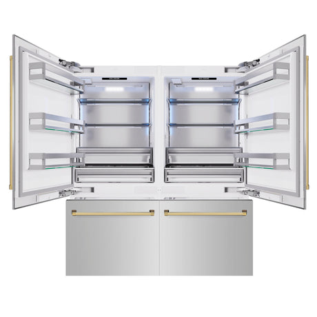 ZLINE Autograph Edition 72 in. 39.6 cu. ft. French Door Built-In Bottom Freezer Refrigerator with Water Dispensers and Ice Makers in Stainless Steel with Polished Gold Accents (RBITZ-304-72G)