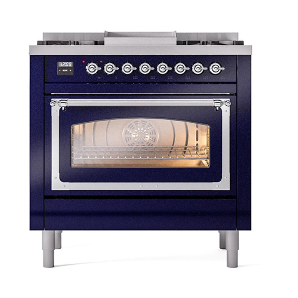 ILVE UN36FNMPMBC Nostalgie II Noblesse 36 inch Dual Fuel Range (Natural Gas, Triple Glass Door, Midnight Blue, Chrome)