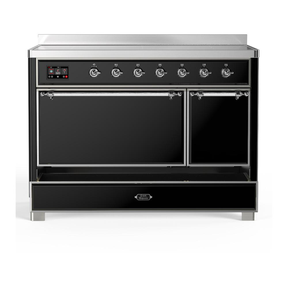 ILVE UMIB48QNR3BKC Majestic III 48 inch Induction Range with 6 Elements, 5.02 cu. ft. Total Oven Capacity (Solid Door, Glossy Black, Chrome)