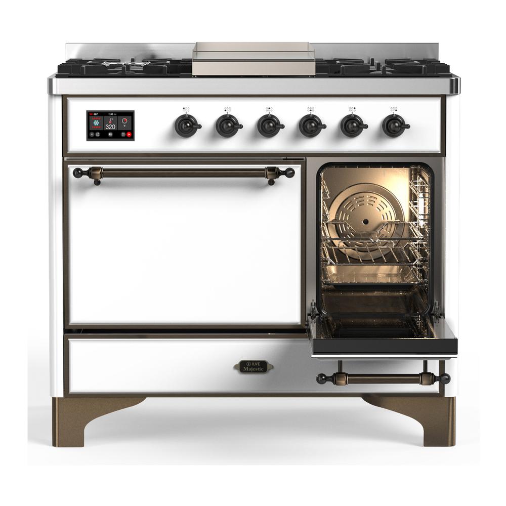 ILVE UMD40FQNR3WHBLP Majestic III 40 inch Dual Fuel Range with 6 Burners and Griddle, Dual Function Burner up to 25,000 BTU (Liquid Propane, Solid Door, White, Burnished)