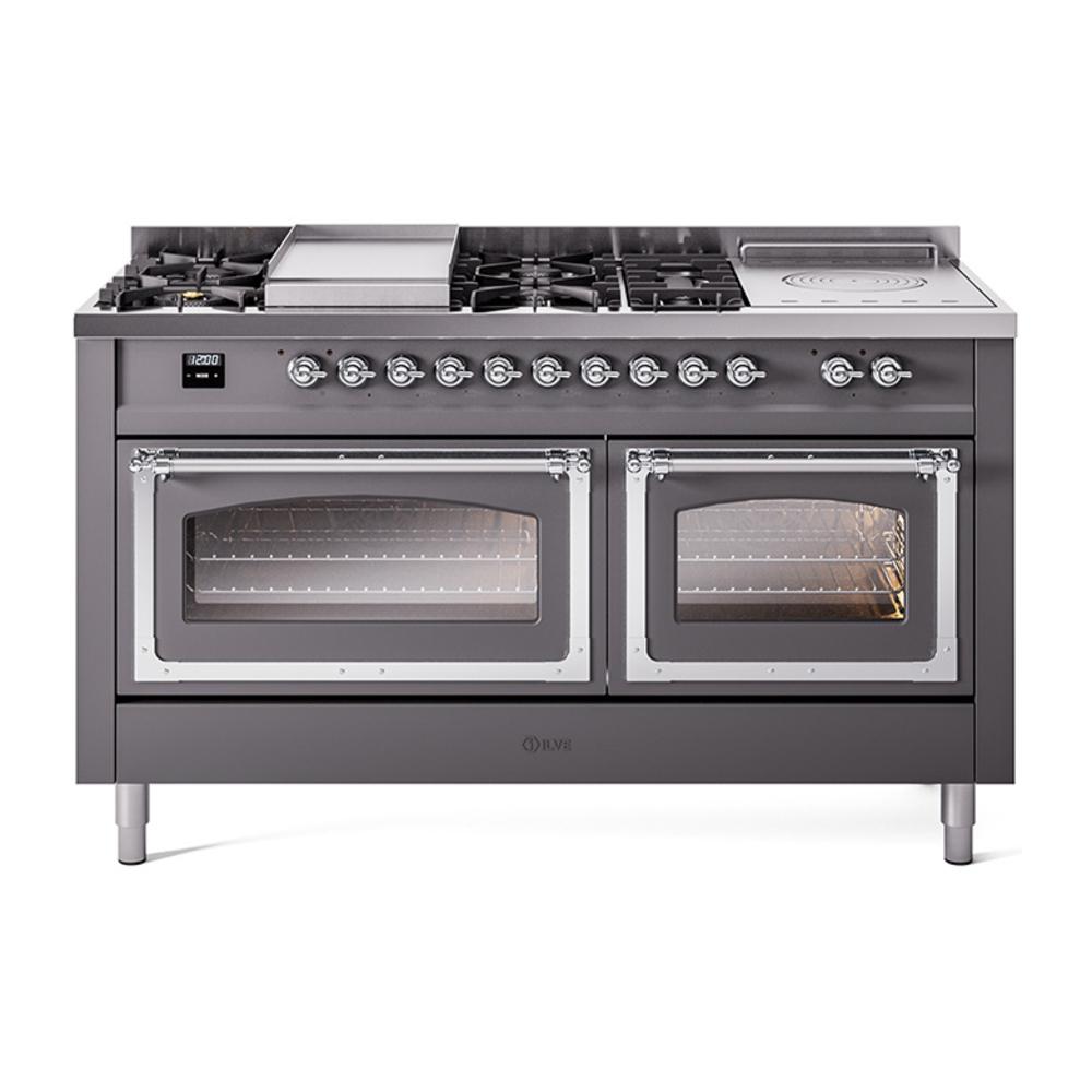 ILVE UN60FSNMPMGCLP Nostalgie II Noblesse 60 inch Dual Fuel Range (7 Sealed Burners + Griddle + French Top, Liquid Propane, Triple Glass Door, Graphite Matte, Chrome)