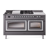 ILVE UN60FSNMPMGCLP Nostalgie II Noblesse 60 inch Dual Fuel Range (7 Sealed Burners + Griddle + French Top, Liquid Propane, Triple Glass Door, Graphite Matte, Chrome)
