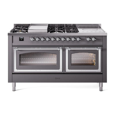 ILVE UN60FSNMPMGCLP Nostalgie II Noblesse 60 inch Dual Fuel Range (7 Sealed Burners + Griddle + French Top, Liquid Propane, Triple Glass Door, Graphite Matte, Chrome)