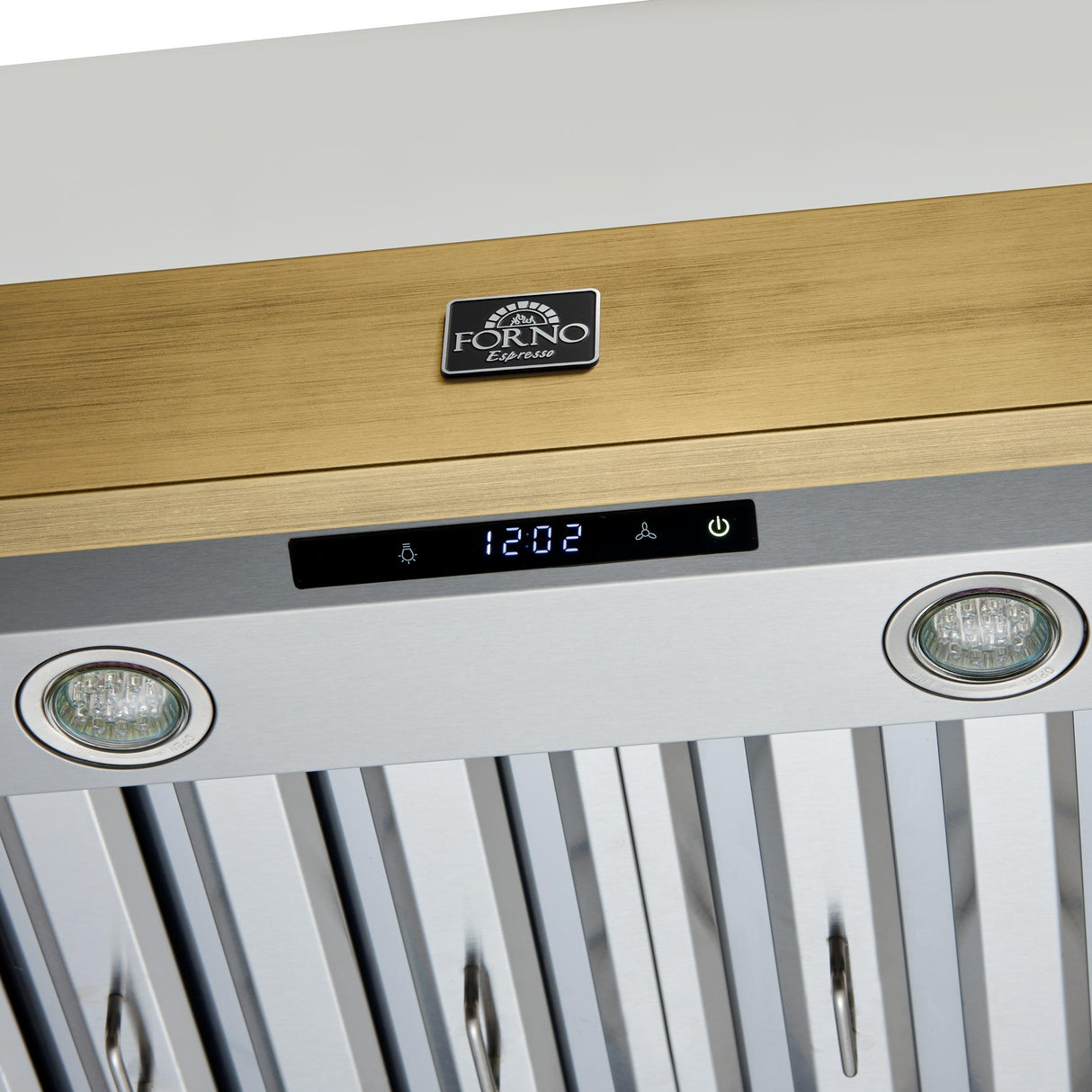 Forno Vittorio 48-Inch Wall Mount Range Hood, White with Antique Brass Trim, 600 CFM Airflow, Dishwasher-Safe Baffle Filters, Remote Control, 3-Speed Fan, Bright LED Lighting