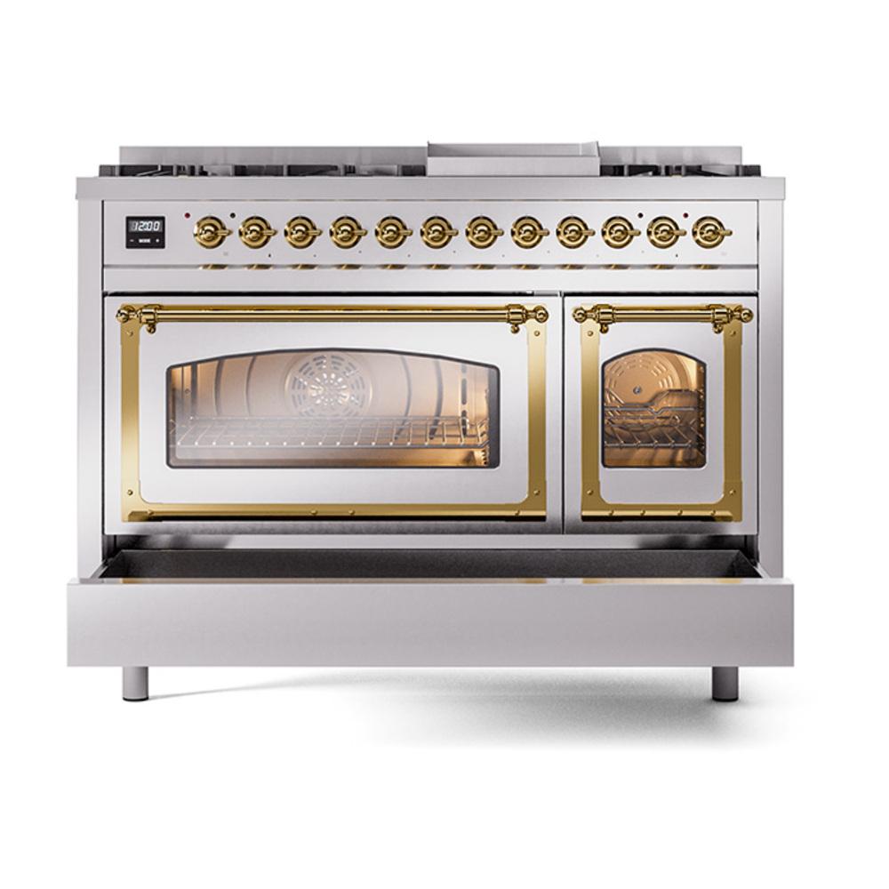 ILVE UN48FNMPSSGLP Nostalgie II Noblesse 48 inch Dual Fuel Range (8 Sealed Burners + Griddle, Liquid Propane, Triple Glass Door, Stainless Steel, Brass)