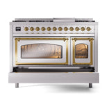 ILVE UN48FNMPSSGLP Nostalgie II Noblesse 48 inch Dual Fuel Range (8 Sealed Burners + Griddle, Liquid Propane, Triple Glass Door, Stainless Steel, Brass)