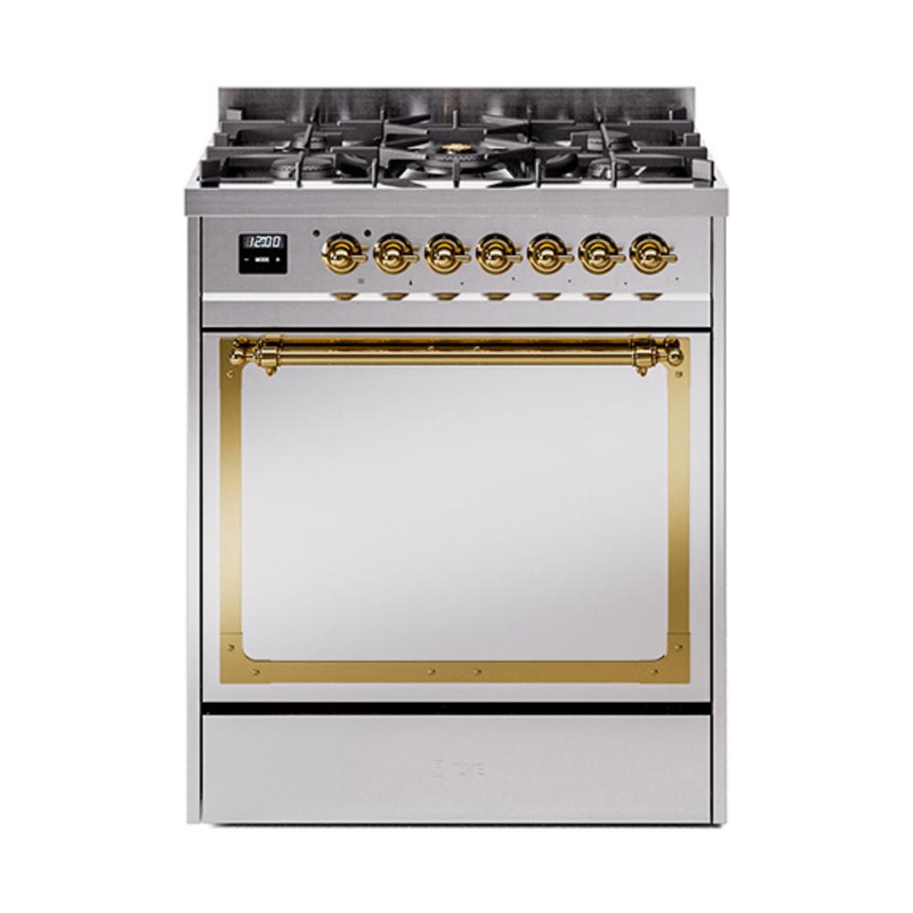 ILVE UN30QNMPSSG Nostalgie II Noblesse 30 inch Dual Fuel Range (Natural Gas, Solid Door, Stainless Steel, Brass)