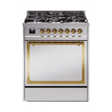 ILVE UN30QNMPSSG Nostalgie II Noblesse 30 inch Dual Fuel Range (Natural Gas, Solid Door, Stainless Steel, Brass)
