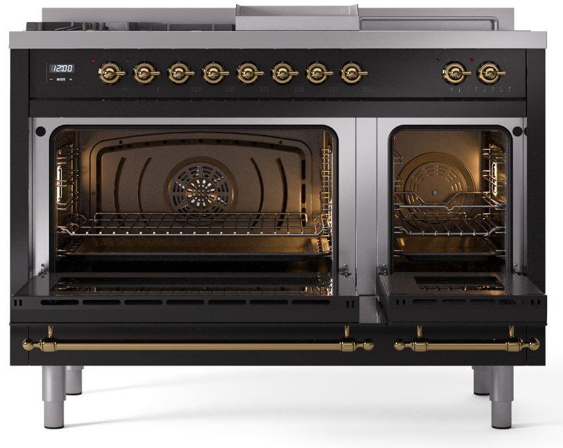 Nostalgie II 48 Inch Dual Fuel Natural Gas Freestanding Range in Glossy Black with Brass Trim