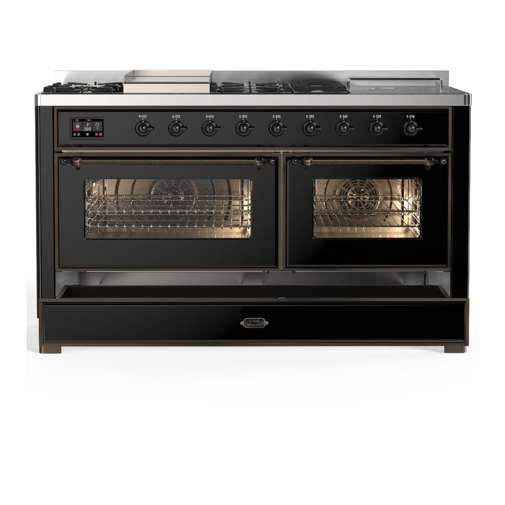 ILVE UM60FSNR3BKBLP Majestic III 60 inch Dual Fuel Range with 7 Burners, Griddle and French Top, Dual Function Burner with up to 25,000 BTU (Liquid Propane, Triple Glass Door, Glossy Black, Burnished)