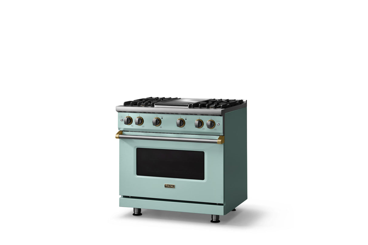 36"W. Sealed Burner Gas Range (Burner: 4g, Finish: Splash, Trim: Brushed Brass, Fuel: Natural Gas)