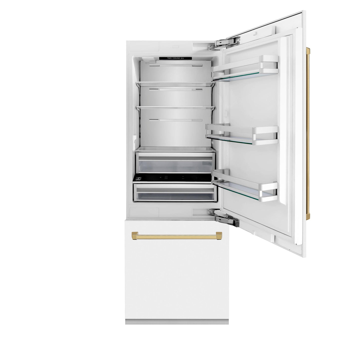 ZLINE 30" Autograph Edition 16.1 cu. ft. Built-in 2-Door Bottom Freezer Refrigerator with Internal Water and Ice Dispenser in White Matte with Polished Gold Accents (RBIVZ-WM-30-G)