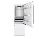 ZLINE 30" Autograph Edition 16.1 cu. ft. Built-in 2-Door Bottom Freezer Refrigerator with Internal Water and Ice Dispenser in White Matte with Polished Gold Accents (RBIVZ-WM-30-G)